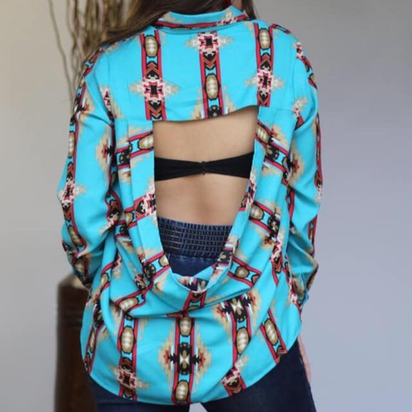 **Last One** Turquoise Aztec Print Blouse Chiffon Open Back NWT - Picture 2 of 7